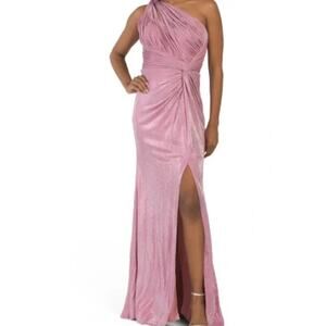 Rene Ruiz One Shoulder Maxi Dress Draped Knot Long Formal Gown Metallic Pink